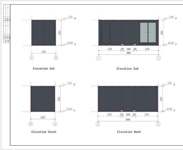 Dessin technique - Dimensions et différentes faces du module 6m blanc neuf avec baie vitrée